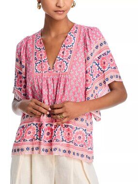 220$ Bell Angel Print V-Neck Pullover Blouse Top Short Sleeves Size XS Pink